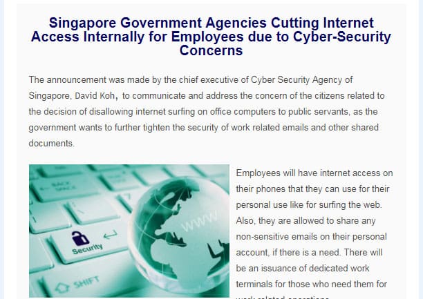 Singapore Government Agencies Cutting Internet Access Internally for Employees due to Cyber-Security Concerns