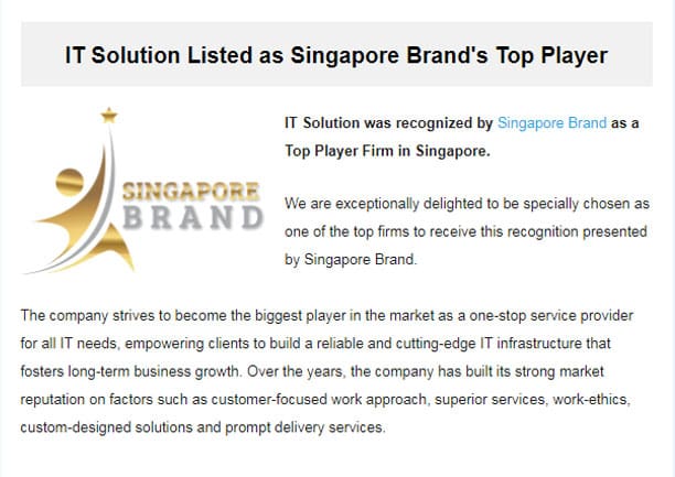 IT Solution Listed as Singapore Brand’s Top Player 